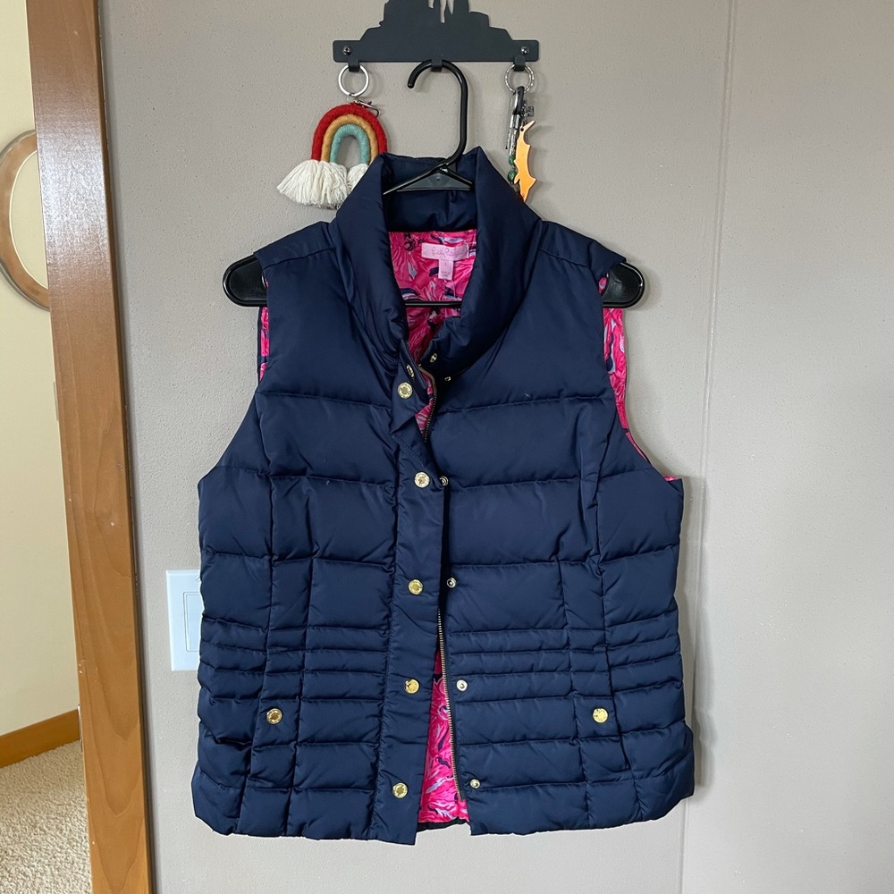 Lilly Pulitzer Quilted Navy Vest with Pink Interior